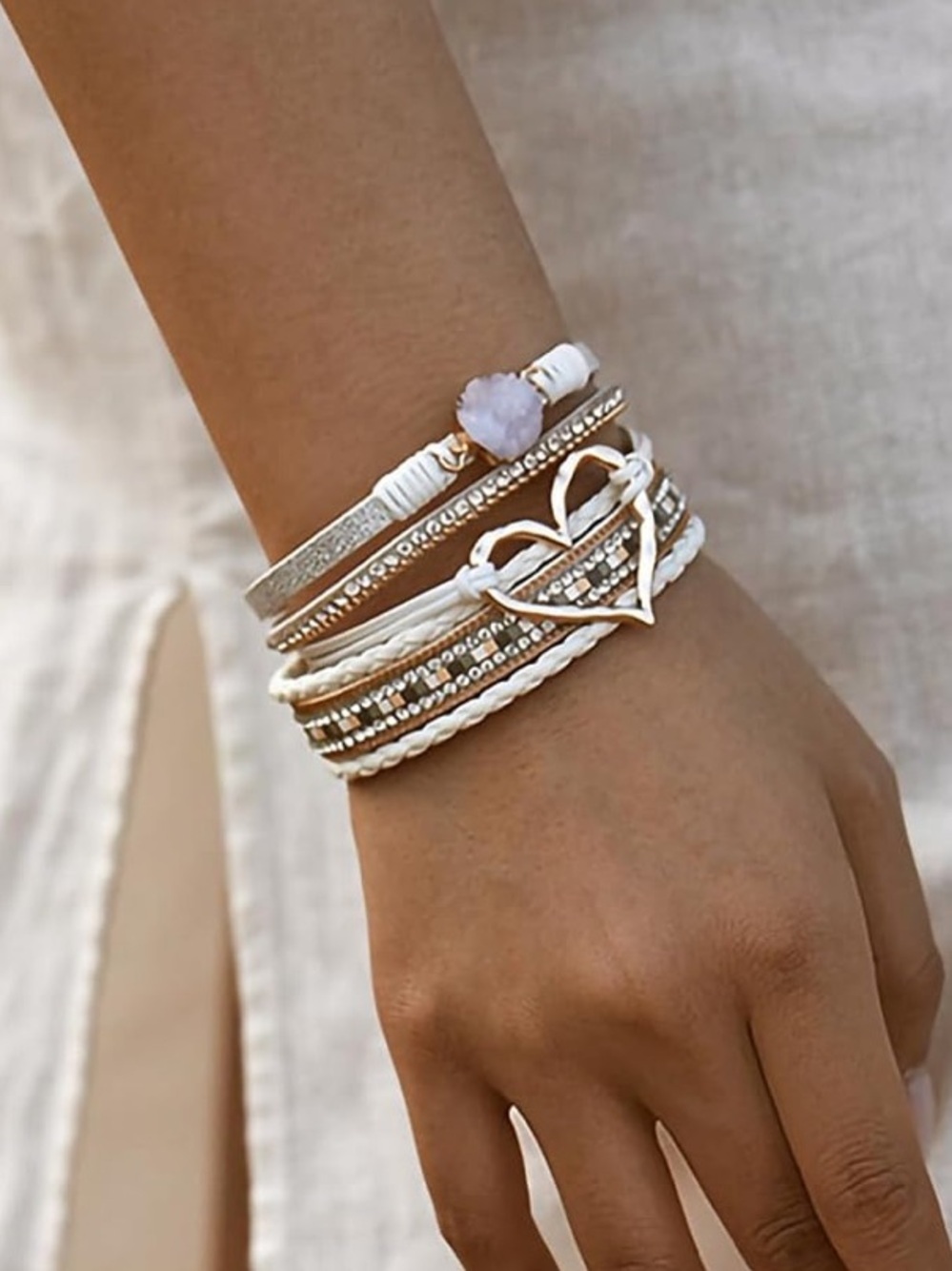 Anthropologie White and Gold Layered Heart Bracelet